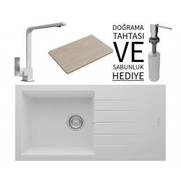 Realstone P011 Assos 86 XL Granit Eviye &amp; Göksu Mutfak Bataryası Seti (+ Sabunluk ve Bambu Tahta Hediyeli) - Beyaz
