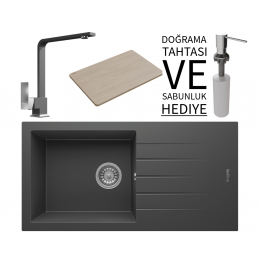 Realstone P011 Assos 86 XL Granit Eviye &amp; Göksu Mutfak Bataryası Seti (+ Sabunluk ve Bambu Tahta Hediyeli) - Antrasit