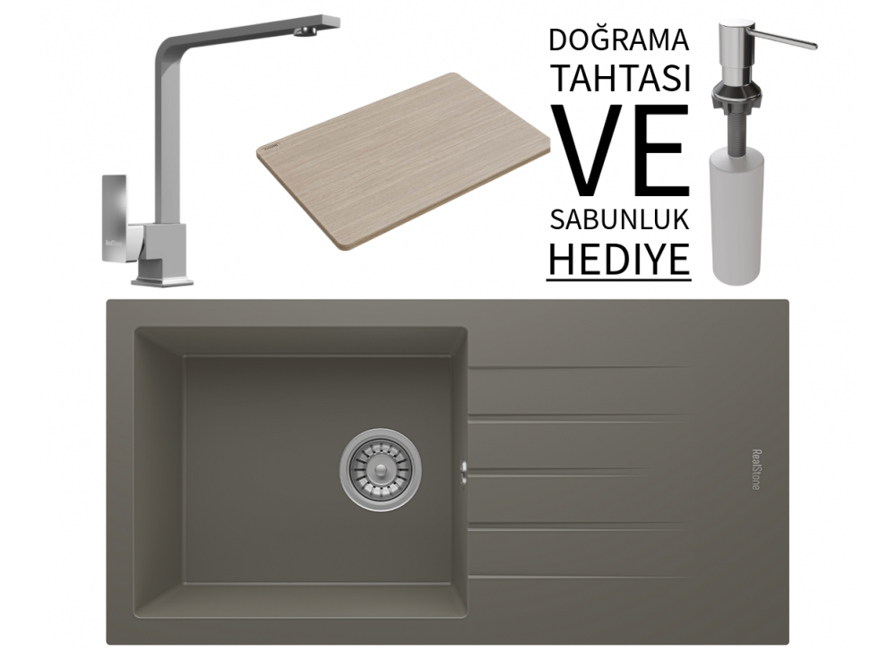 Realstone P011 Assos 86 XL Granit Eviye & Göksu Mutfak Bataryası Seti (+ Sabunluk ve Bambu Tahta Hediyeli) - Gri Realstone P011 Assos 86 XL Granit Eviye & Göksu Mutfak Bataryası Seti (+ Sabunluk ve Bambu Tahta Hediyeli) - Gri