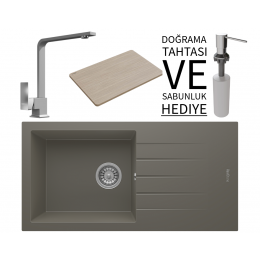 Realstone P011 Assos 86 XL Granit Eviye &amp; Göksu Mutfak Bataryası Seti (+ Sabunluk ve Bambu Tahta Hediyeli) - Gri