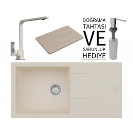 Realstone P011 Assos 86 XL Granit Eviye &amp; Göksu Mutfak Bataryası Seti (+ Sabunluk ve Bambu Tahta Hediyeli) - Krem