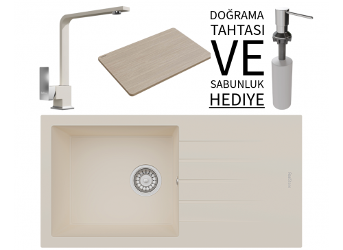 Realstone P011 Assos 86 XL Granit Eviye & Göksu Mutfak Bataryası Seti (+ Sabunluk ve Bambu Tahta Hediyeli) - Krem
