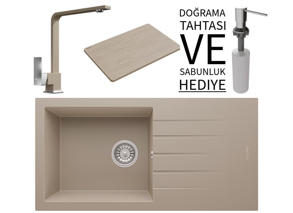 Realstone P011 Assos 86 XL Granit Eviye & Göksu Mutfak Bataryası Seti (+ Sabunluk ve Bambu Tahta Hediyeli) - Cappuccino Realstone P011 Assos 86 XL Granit Eviye & Göksu Mutfak Bataryası Seti (+ Sabunluk ve Bambu Tahta Hediyeli) - Cappuccino
