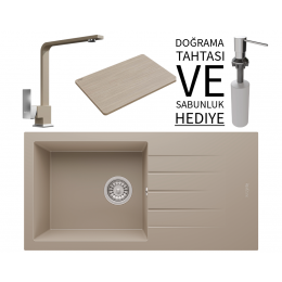 Realstone P011 Assos 86 XL Granit Eviye &amp; Göksu Mutfak Bataryası Seti (+ Sabunluk ve Bambu Tahta Hediyeli) - Cappuccino