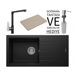Realstone P011 Assos 86 XL Granit Eviye &amp; Vesta Batarya Seti (+ Bambu Tahta ve Sabunluk Hediyeli) - Siyah