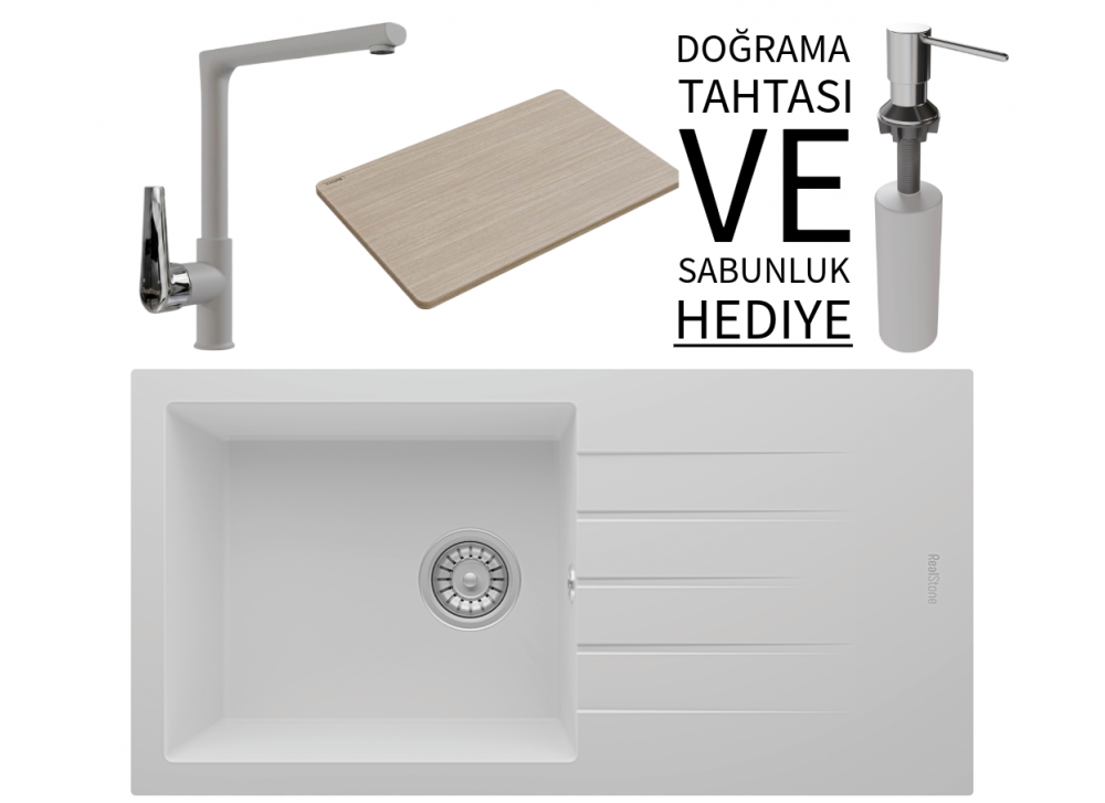 Realstone P011 Assos 86 XL Granit Eviye & Vesta Batarya Seti (+ Bambu Tahta ve Sabunluk Hediyeli) - Beyaz Realstone P011 Assos 86 XL Granit Eviye & Vesta Batarya Seti (+ Bambu Tahta ve Sabunluk Hediyeli) - Beyaz