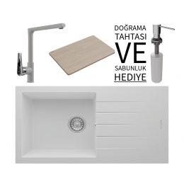 Realstone P011 Assos 86 XL Granit Eviye &amp; Vesta Batarya Seti (+ Bambu Tahta ve Sabunluk Hediyeli) - Beyaz