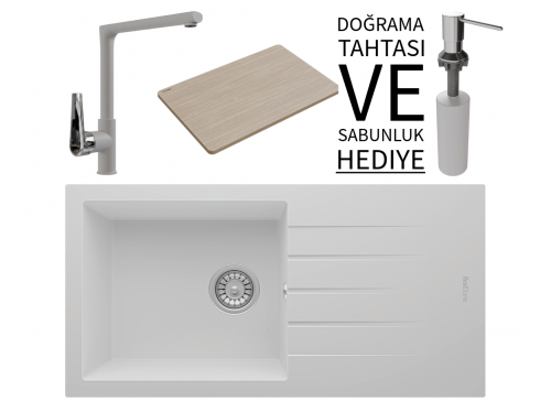 Realstone P011 Assos 86 XL Granit Eviye & Vesta Batarya Seti (+ Bambu Tahta ve Sabunluk Hediyeli) - Beyaz