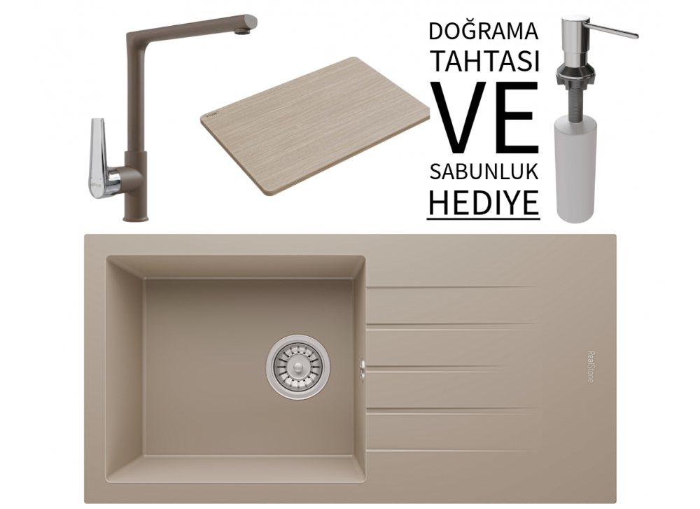 Realstone P011 Assos 86 XL Granit Eviye & Vesta Batarya Seti (+ Bambu Tahta ve Sabunluk Hediyeli) - Cappuccino Realstone P011 Assos 86 XL Granit Eviye & Vesta Batarya Seti (+ Bambu Tahta ve Sabunluk Hediyeli) - Cappuccino