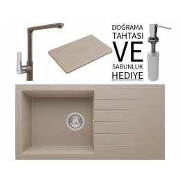 Realstone P011 Assos 86 XL Granit Eviye &amp; Vesta Batarya Seti (+ Bambu Tahta ve Sabunluk Hediyeli) - Cappuccino