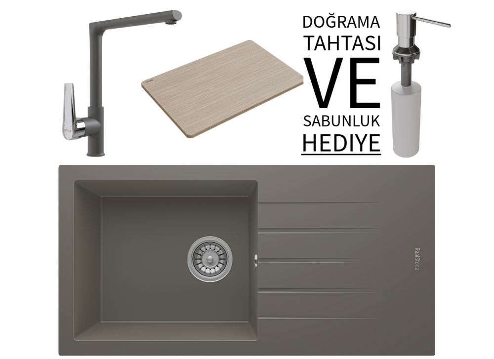 Realstone P011 Assos 86 XL Granit Eviye & Vesta Batarya Seti (+ Bambu Tahta ve Sabunluk Hediyeli) - Gri Realstone P011 Assos 86 XL Granit Eviye & Vesta Batarya Seti (+ Bambu Tahta ve Sabunluk Hediyeli) - Gri
