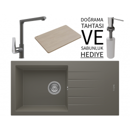 Realstone P011 Assos 86 XL Granit Eviye &amp; Vesta Batarya Seti (+ Bambu Tahta ve Sabunluk Hediyeli) - Gri
