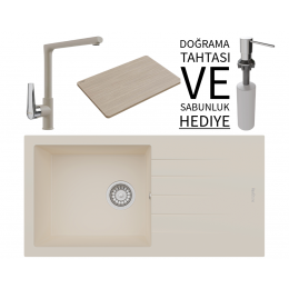 Realstone P011 Assos 86 XL Granit Eviye &amp; Vesta Batarya Seti (+ Bambu Tahta ve Sabunluk Hediyeli) - Krem