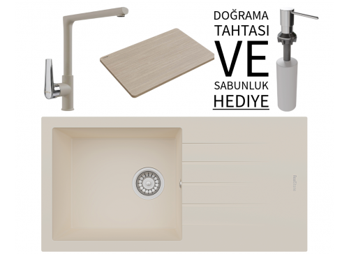 Realstone P011 Assos 86 XL Granit Eviye & Vesta Batarya Seti (+ Bambu Tahta ve Sabunluk Hediyeli) - Krem
