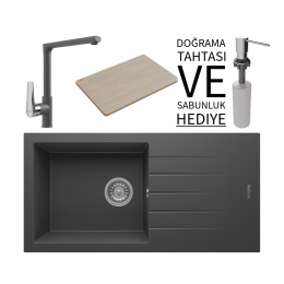 Realstone P011 Assos 86 XL Granit Eviye &amp; Vesta Batarya Seti (+ Bambu Tahta ve Sabunluk Hediyeli) - Antrasit