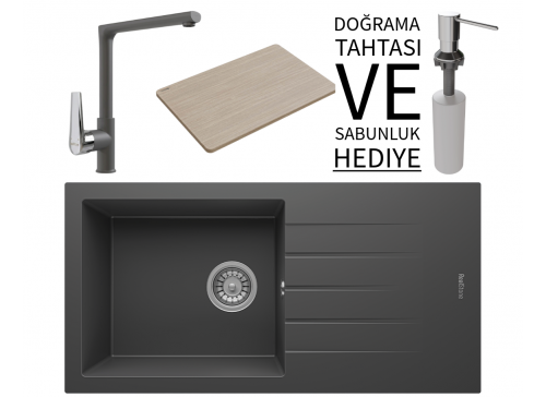 Realstone P011 Assos 86 XL Granit Eviye & Vesta Batarya Seti (+ Bambu Tahta ve Sabunluk Hediyeli) - Antrasit
