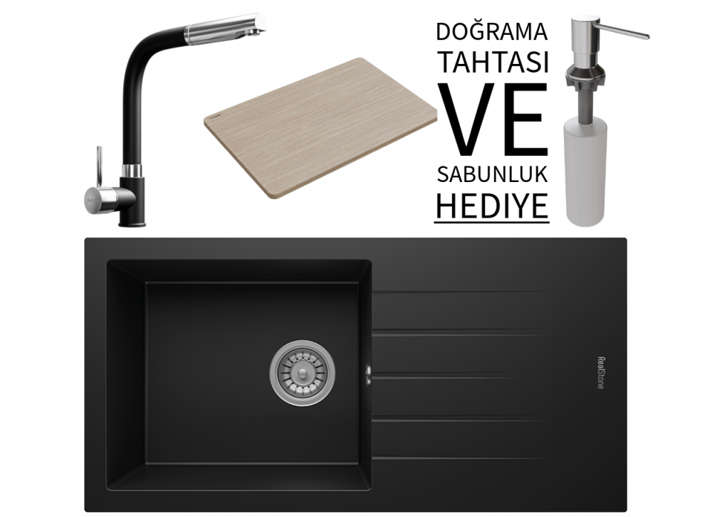 Realstone P011 Assos 86 XL Granit Eviye & Sümela Batarya Seti (+ Bambu Tahta ve Sabunluk Hediyeli) - Siyah