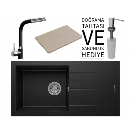 Realstone P011 Assos 86 XL Granit Eviye &amp; Sümela Batarya Seti (+ Bambu Tahta ve Sabunluk Hediyeli) - Siyah