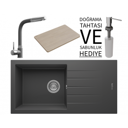 Realstone P011 Assos 86 XL Granit Eviye &amp; Sümela Batarya Seti (+ Bambu Tahta ve Sabunluk Hediyeli) - Antrasit