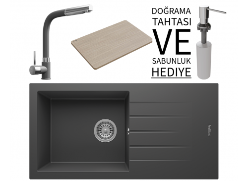 Realstone P011 Assos 86 XL Granit Eviye & Sümela Batarya Seti (+ Bambu Tahta ve Sabunluk Hediyeli) - Antrasit