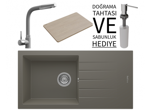 Realstone P011 Assos 86 XL Granit Eviye & Sümela Batarya Seti (+ Bambu Tahta ve Sabunluk Hediyeli) - Gri