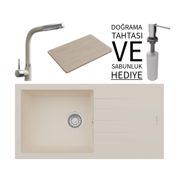 Realstone P011 Assos 86 XL Granit Eviye &amp; Sümela Batarya Seti (+ Bambu Tahta ve Sabunluk Hediyeli) - Krem
