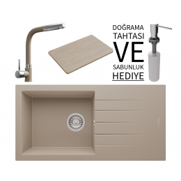 Realstone P011 Assos 86 XL Granit Eviye &amp; Sümela Batarya Seti (+ Bambu Tahta ve Sabunluk Hediyeli) - Cappuccino