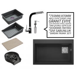 Realstone 75 cm Kompakt Set - Akıllı Eviye Uyumlu Granit Eviye ve Spiralli Batarya Paketi - Siyah