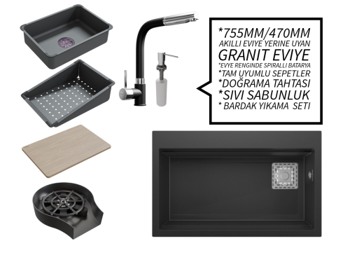 Realstone 75 cm Kompakt Set - Akıllı Eviye Uyumlu Granit Eviye ve Spiralli Batarya Paketi - Siyah Realstone 75 cm Kompakt Set - Akıllı Eviye Uyumlu Granit Eviye ve Spiralli Batarya Paketi - Siyah