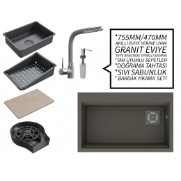 Realstone 75 cm Kompakt Set - Akıllı Eviye Uyumlu Granit Eviye ve Spiralli Batarya Paketi - Gri