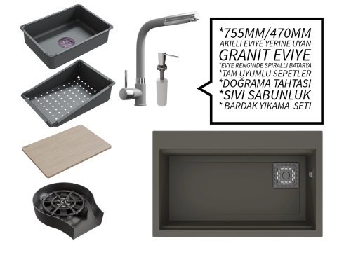 Realstone 75 cm Kompakt Set - Akıllı Eviye Uyumlu Granit Eviye ve Spiralli Batarya Paketi - Gri Realstone 75 cm Kompakt Set - Akıllı Eviye Uyumlu Granit Eviye ve Spiralli Batarya Paketi - Gri