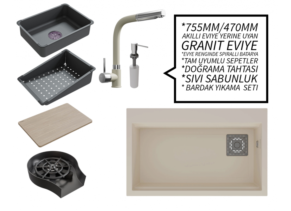 Realstone 75 cm Kompakt Set - Akıllı Eviye Uyumlu Granit Eviye ve Spiralli Batarya Paketi - Krem Realstone 75 cm Kompakt Set - Akıllı Eviye Uyumlu Granit Eviye ve Spiralli Batarya Paketi - Krem