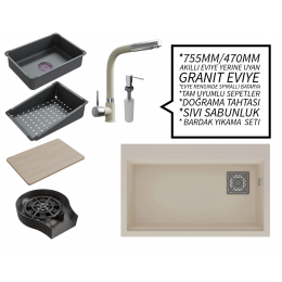 Realstone 75 cm Kompakt Set - Akıllı Eviye Uyumlu Granit Eviye ve Spiralli Batarya Paketi - Krem
