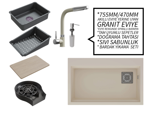 Realstone 75 cm Kompakt Set - Akıllı Eviye Uyumlu Granit Eviye ve Spiralli Batarya Paketi - Krem Realstone 75 cm Kompakt Set - Akıllı Eviye Uyumlu Granit Eviye ve Spiralli Batarya Paketi - Krem