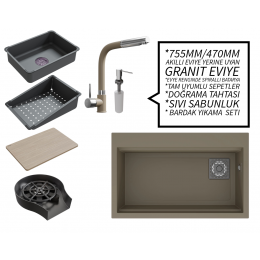 Realstone 75 cm Kompakt Set - Akıllı Eviye Uyumlu Granit Eviye ve Spiralli Batarya Paketi - Cappuccino