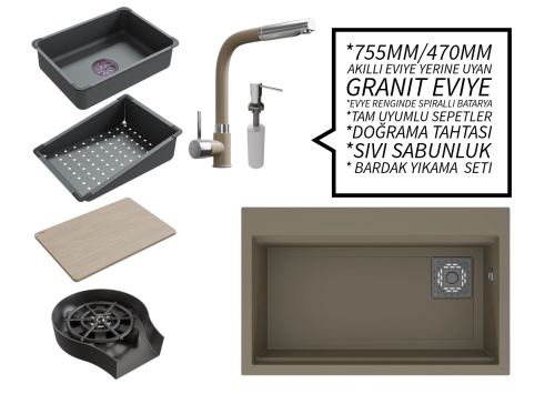 Realstone 75 cm Kompakt Set - Akıllı Eviye Uyumlu Granit Eviye ve Spiralli Batarya Paketi - Cappuccino Realstone 75 cm Kompakt Set - Akıllı Eviye Uyumlu Granit Eviye ve Spiralli Batarya Paketi - Cappuccino