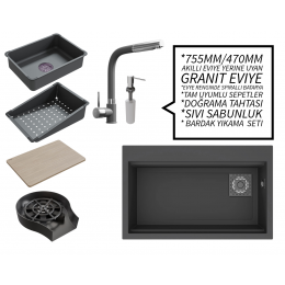 Realstone 75 cm Kompakt Set - Akıllı Eviye Uyumlu Granit Eviye ve Spiralli Batarya Paketi - Antrasit
