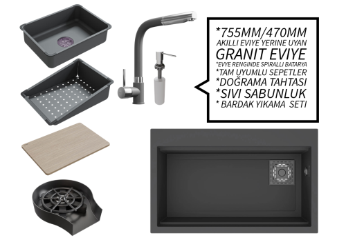 Realstone 75 cm Kompakt Set - Akıllı Eviye Uyumlu Granit Eviye ve Spiralli Batarya Paketi - Antrasit Realstone 75 cm Kompakt Set - Akıllı Eviye Uyumlu Granit Eviye ve Spiralli Batarya Paketi - Antrasit