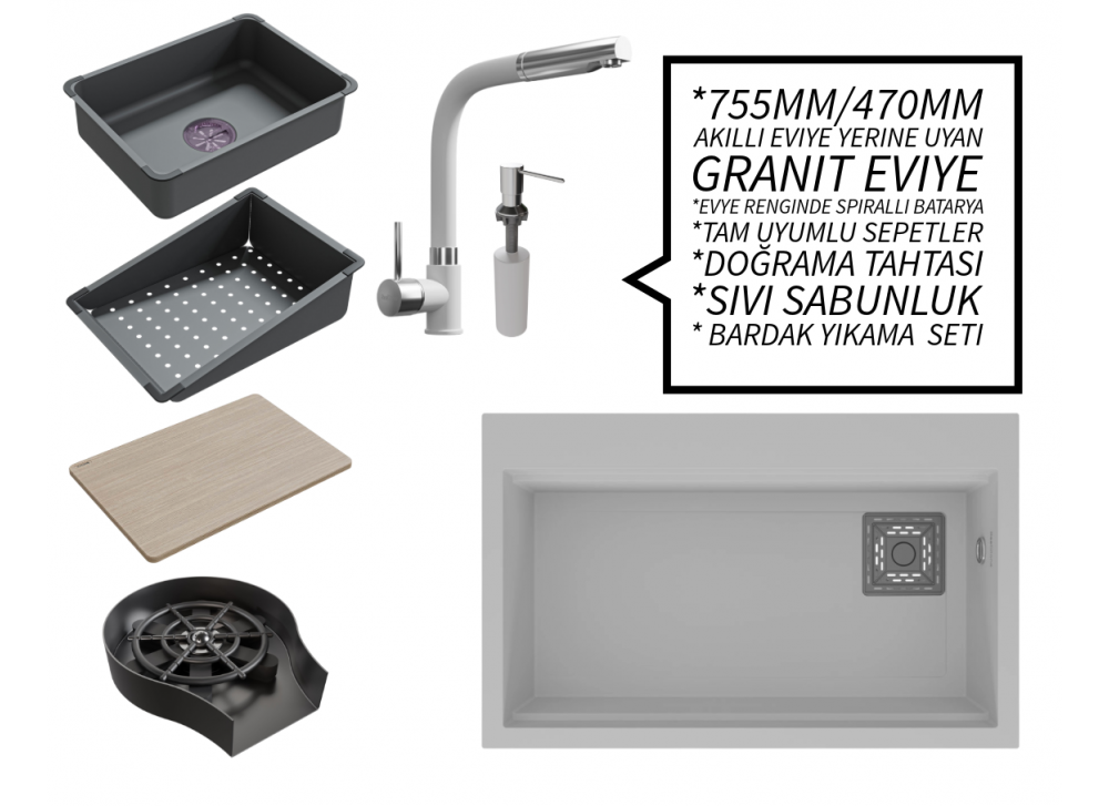 Realstone 75 cm Kompakt Set - Akıllı Eviye Uyumlu Granit Eviye ve Spiralli Batarya Paketi - Beyaz Realstone 75 cm Kompakt Set - Akıllı Eviye Uyumlu Granit Eviye ve Spiralli Batarya Paketi - Beyaz