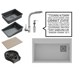 Realstone 75 cm Kompakt Set - Akıllı Eviye Uyumlu Granit Eviye ve Spiralli Batarya Paketi - Beyaz